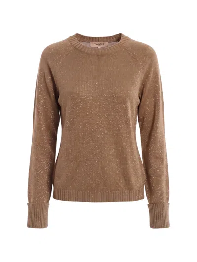 Twinset Flecked-knit Raglan-sleeve Sweater In Brown