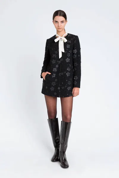 Twinset Floral And Sequin Bouclé Coat In Black