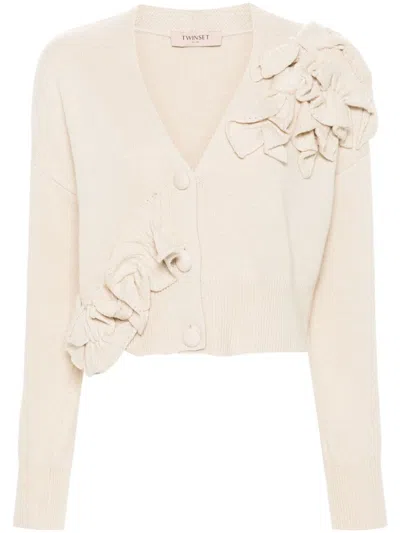 Twinset White V-neck Front Button Sweater In Old White
