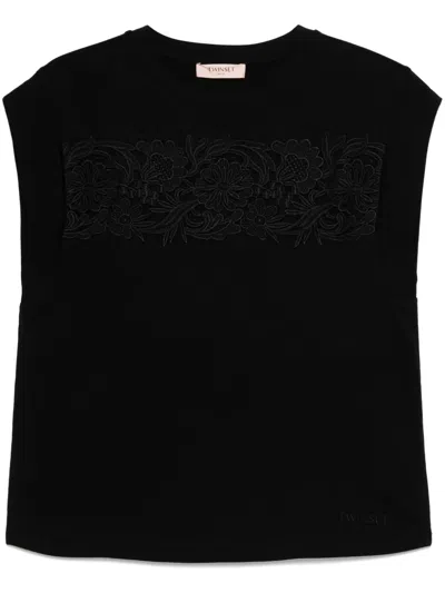 Twinset Floral-appliqué T-shirt In Black