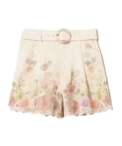 Twinset Beige Shorts With Floral Print And Waist Belt In Linen Woman In Neutral