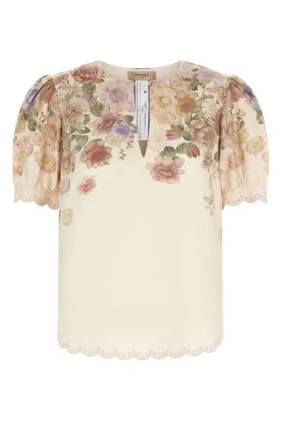 Twinset Floral Puff-sleeve Blouse In Neutral