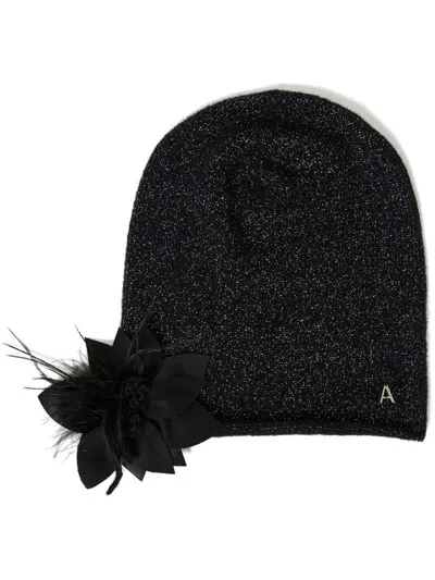 Twinset Floral Brooch Knit Beanie In Black