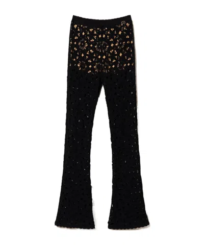 Twinset Floral-crochet Flared Trousers In Black