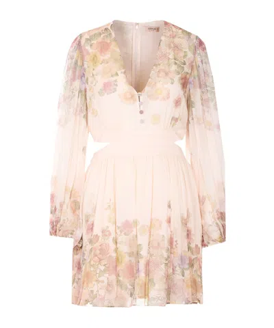 Twinset Floral-print Cutout Midi Dress In Neutral