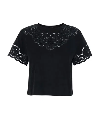 Twinset Floral Embroidered Cropped T-shirt In Blue