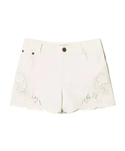 Twinset Floral Embroidered Denim Shorts In Neutral