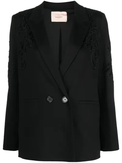 Twinset Floral-embroidered Double-breasted Blazer In Black