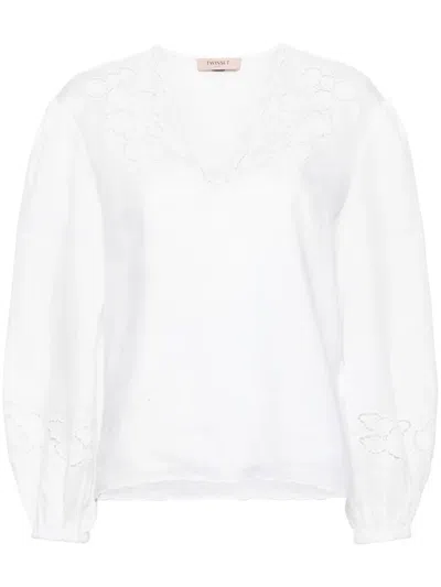 Twinset Floral-embroidered Linen Blouse In White