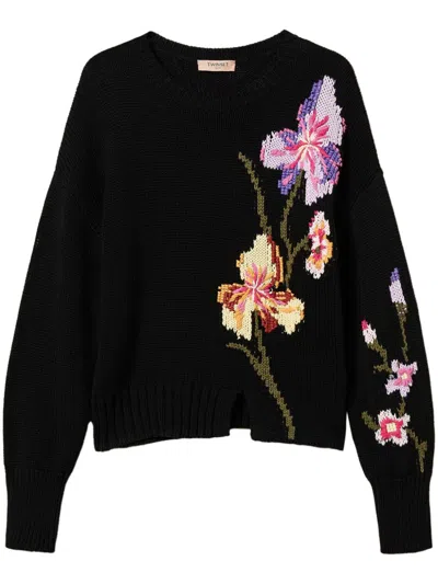 Twinset Floral-embroidered Sweater In Black