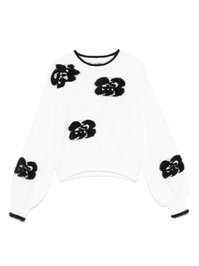 Twinset Kids' Floral-embroidered Sweater In White