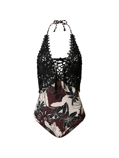 Twinset Floral-embroidered Swimsuit In Brown