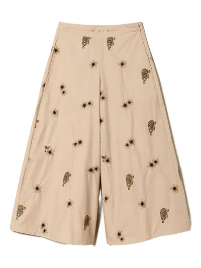 Twinset Floral-embroidered Wide-leg Trousers In Brown