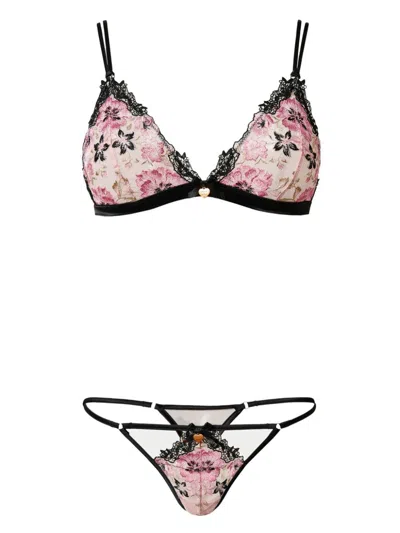 Twinset Floral Embroidery Triangle Bra And G-string Set In Pink