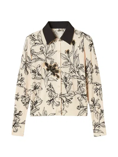 Twinset Floral Knit Cardigan With Collar In Neutral