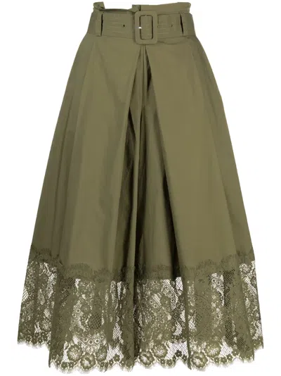 Twinset Floral-lace Belted Cropped Trousers In Green