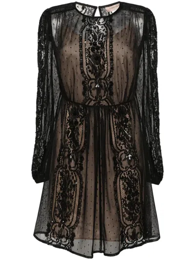 Twinset Floral-lace Mini Dress In 黑色