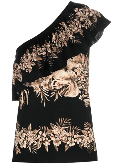Twinset Floral-print Asymmetric Top In Black