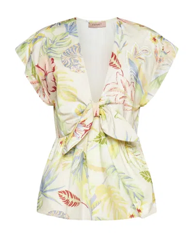 TWINSET TWINSET FLORAL-PRINTED V-NECK CAP-SLEEVESD BLOUSE