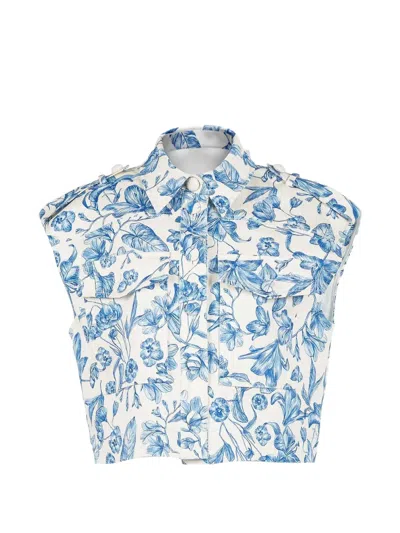 Twinset Floral-print Cotton Cropped Vest In Blue