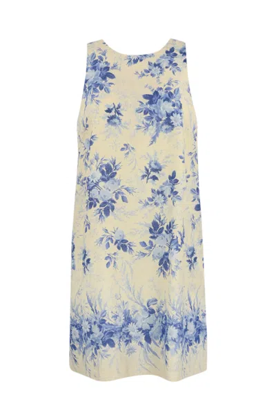 Twinset Floral Print Linen Blend Dress In Avorio/blue