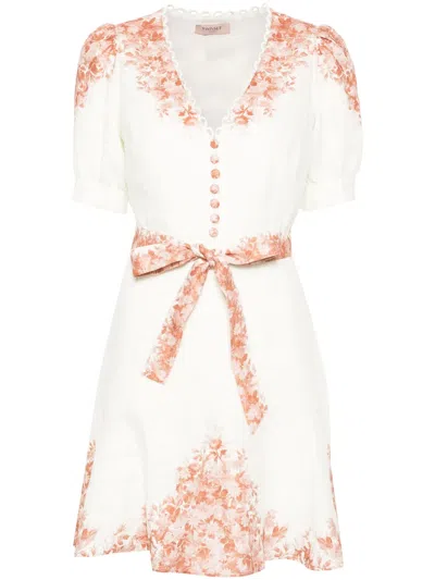 Twinset Floral-print Linen Mini Dress In 中性色