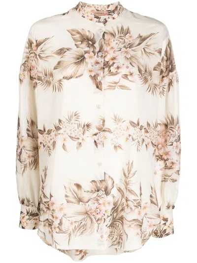 Twinset Floral-print Long-sleeved Blouse In Nude