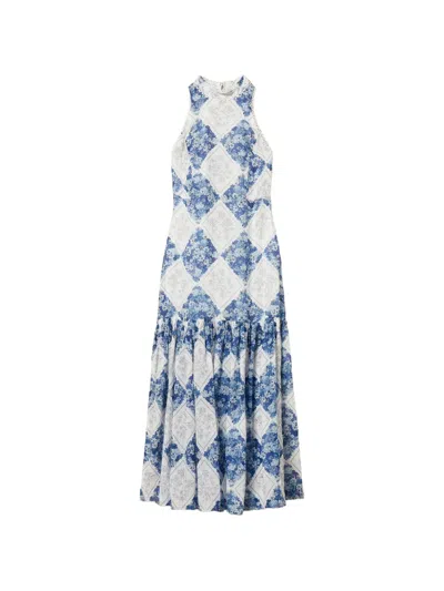 Twinset Multicolor Long Dress With High Halter Neck And All-over Floral Print In Tech Fabric Woman In Blue