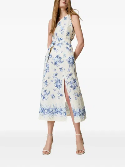 Twinset Floral-print One-shoulder Midi Dress In Neutral