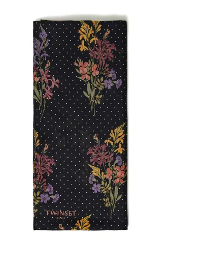 Twinset Floral-print Polka-dot Scarf In Black