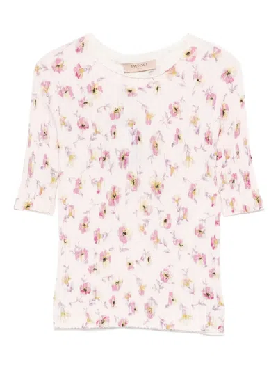 Twinset Floral-print Ribbed T-shirt In Pink