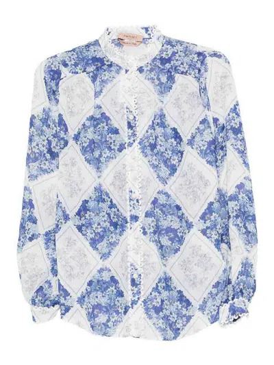 Twinset Floral Print Shirt With Ruffle Trim In Blue