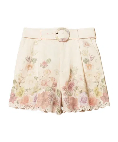 Twinset Beige Shorts With Floral Print And Waist Belt In Linen Woman In Neutral