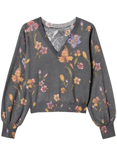 Twinset Floral-print Sweater In 黑色
