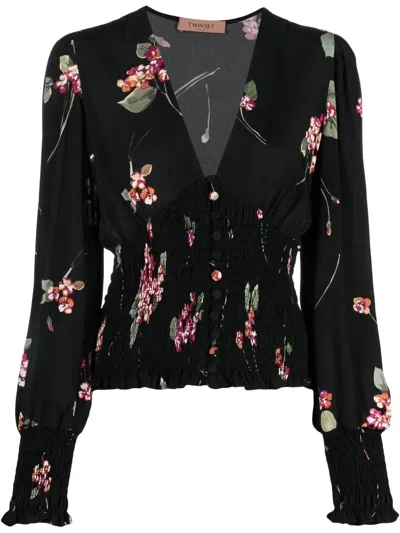 Twinset Floral-print V-neck Blouse In Spotted