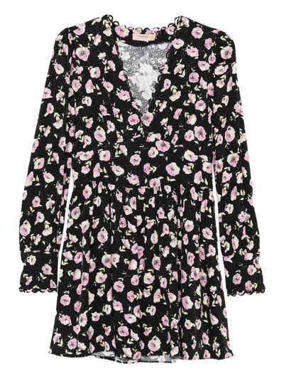 Twinset Floral-print V-neck Mini Dress In Black