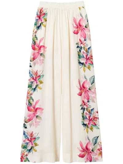 Twinset Floral-print Wide-leg Trousers In White