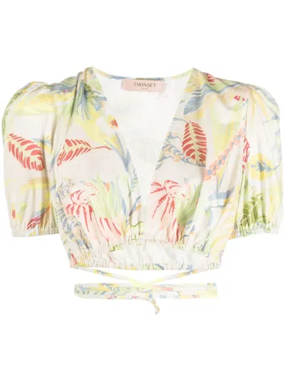 Twinset Floral-print Wraparound Cropped Top In Multicolor