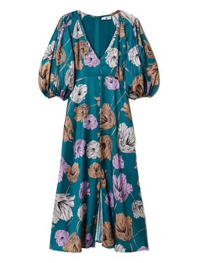 Twinset Floral Puff-sleeve Midi Dress In Multi
