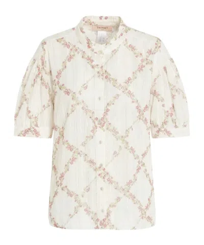 Twinset Floral Short Sleeve Blouse In White
