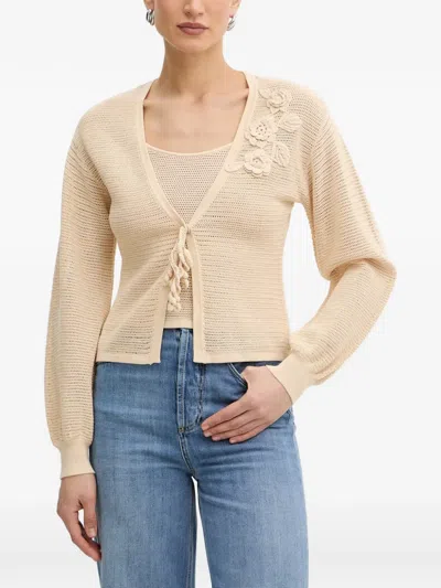 Twinset Floral-appliqué Open-knit Cardigan In Neutral