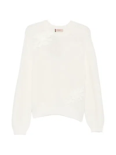 Twinset Floral-appliqué Raglan-sleeve Sweater In White