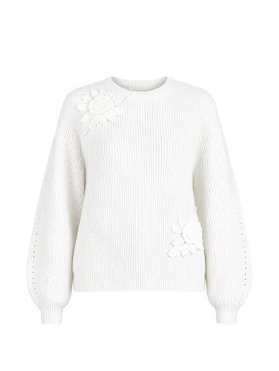 Twinset Floral-appliqué Ribbed-knit Sweater In White