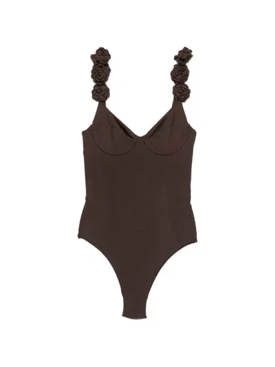 Twinset Floral-applique Swimsuit In Brown