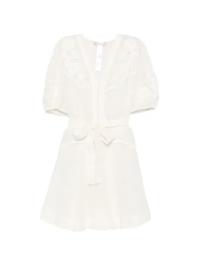 Twinset Floral-embroidered Belted Mini Dress In White