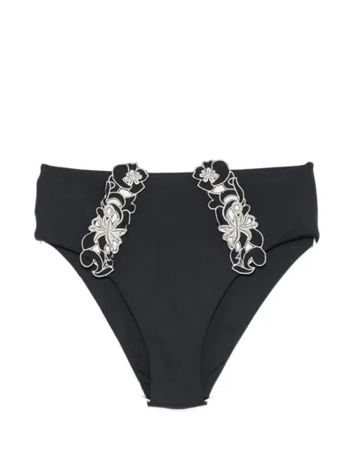 Twinset Floral-embroidered Bikini Bottoms In Black