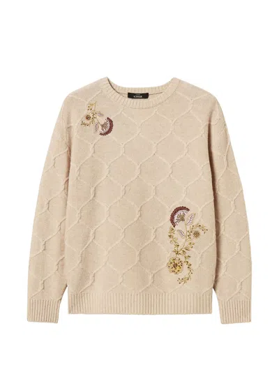 Twinset Floral-embroidered Diamond-knit Sweater In Neutral