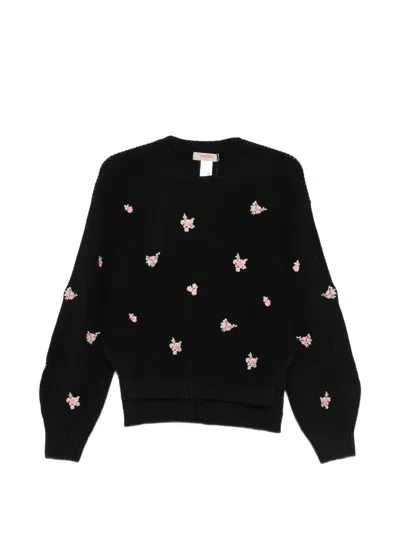 Twinset Floral-embroidered Ribbed-knit Sweater In Black