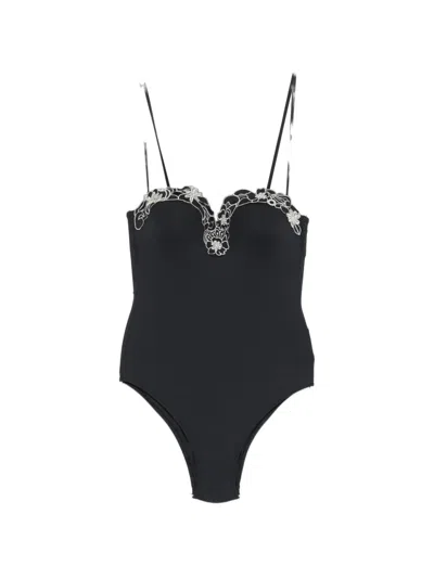 Twinset Floral-embroidered Swimsuit In Black