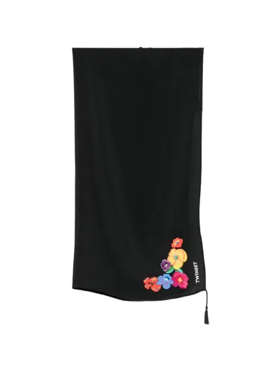Twinset Floral-embroidered Tasselled Scarf In Black